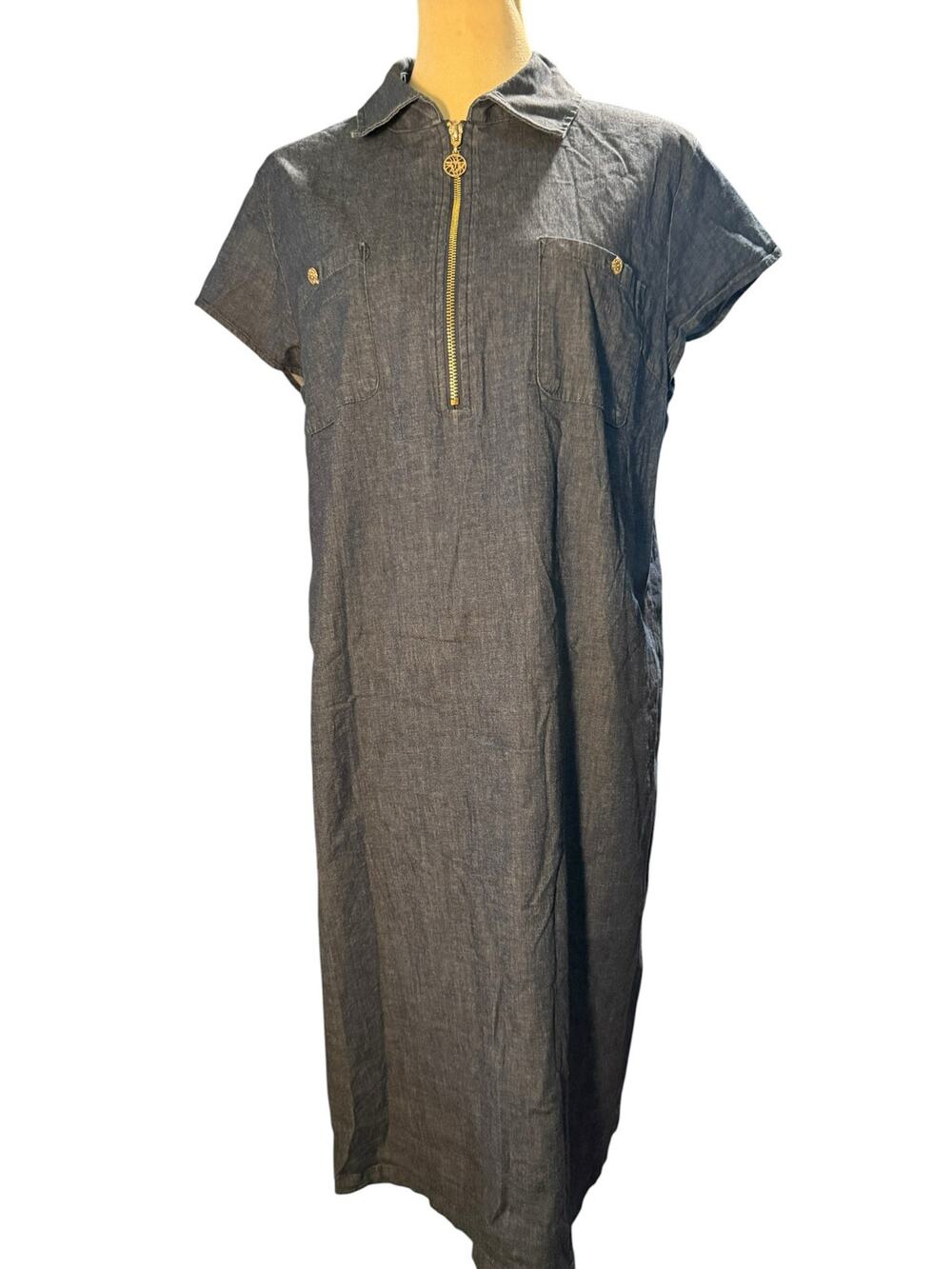 Anne Klein Chambray Denim Shift Dress, Gold Zip Front, Pocket Midi, Size 14